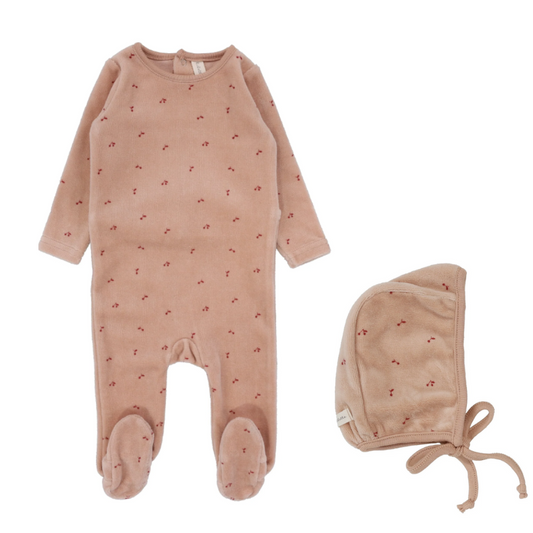 Lilette Scattered Cherry Velour Footie Set